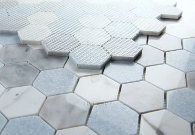 2 Hexagon Livid Carrara & Bardiglio Blue Crystal Polished Marble Mosaic