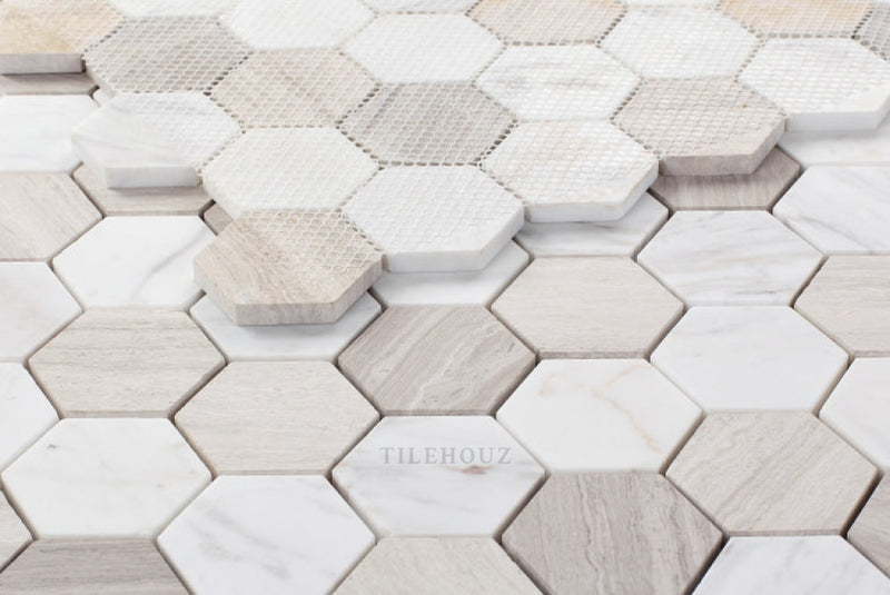 2 Hexagon Loft Volakas & Haisa Honed Marble Mosaic