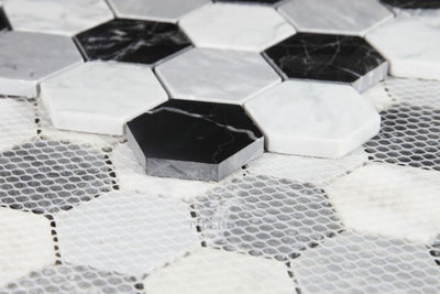 2 Hexagon Moonlight Calacatta White & Grey Nero Marquina Polished Marble Mosaic