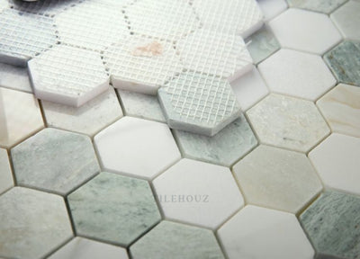 2 Hexagon Spring Green & White Marble Polished Mosaic