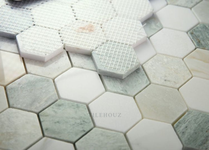 2 Hexagon Spring Green & White Marble Polished Mosaic