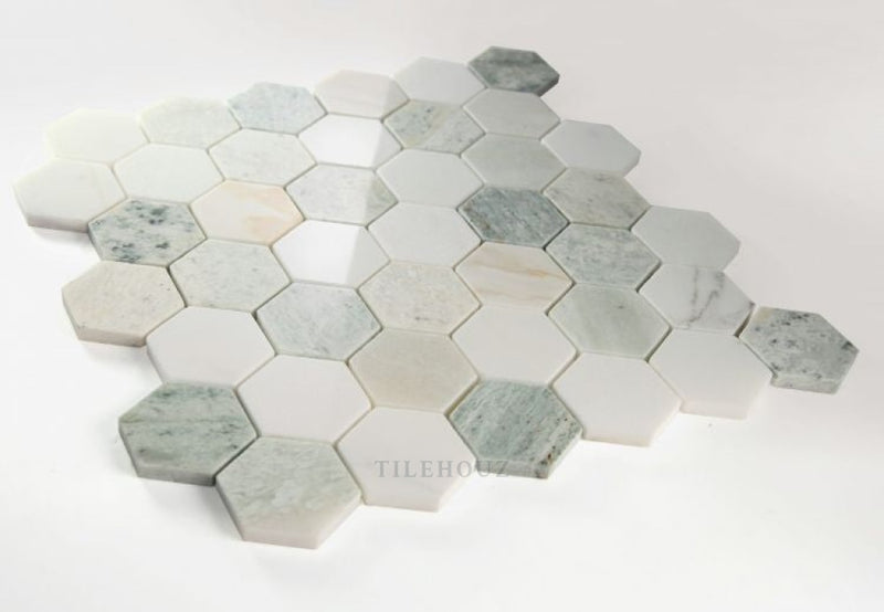 2 Hexagon Spring Green & White Marble Polished Mosaic