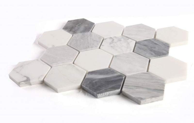 3 Hexagon Dusk X Carrara & Thassos Bardiglio Honed Marble Mosaic