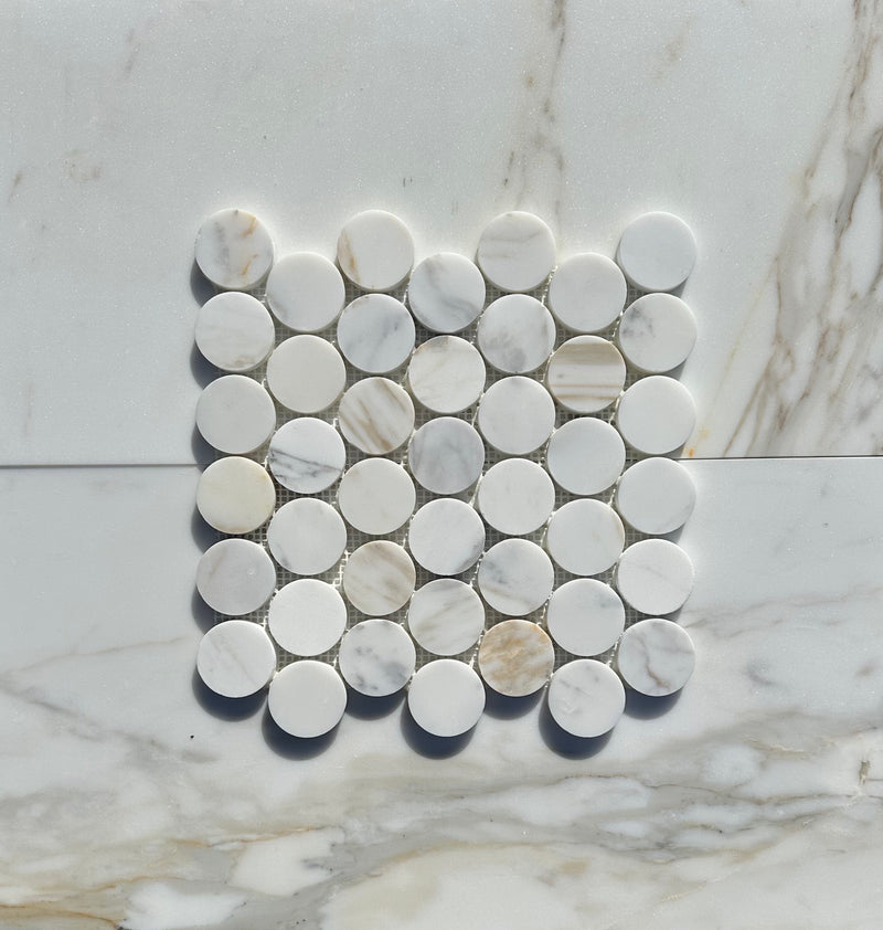 Calacatta Gold Marble Large 2” Penny Round Mosaic Honed/Polished