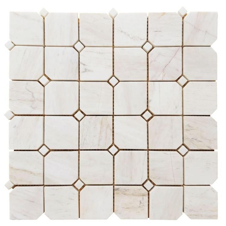 Clipped Square Wooden White Honed Marble Mosaic