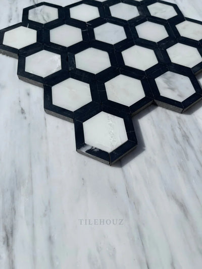 Asian Statuary Vortex Hexagon Mosaic W/Black Border Polished&Honed Marble