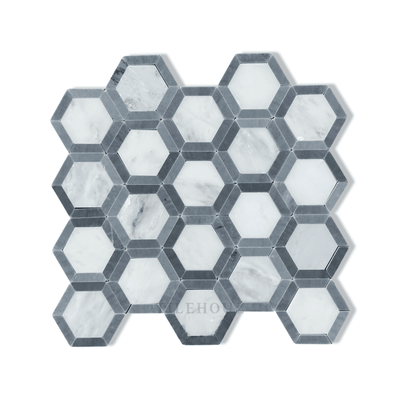 Asian Statuary White Vortex Hexagon Mosaic W/Bardiglio Border Polished&Honed