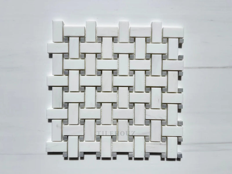 Bianco Dolomite Basketweave Mosaic W/Blue-Gray Dots Polished/Honed (Premium) Marble