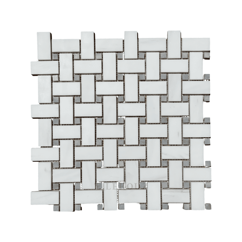 White Dolomite (Bianco Dolomiti) Basketweave Mosaic W/blue-Gray Dots Polished/honed