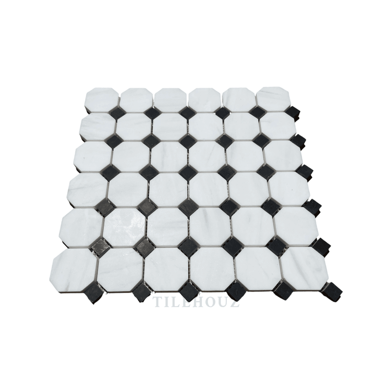 White Dolomite (Bianco Dolomiti) Octagon Mosaic W/black Dots Polished/honed