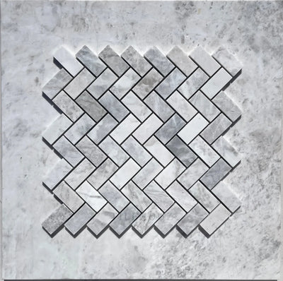 Bianco Gris Dolomite 1X2 Herringbone Leathered Mosaic Marble