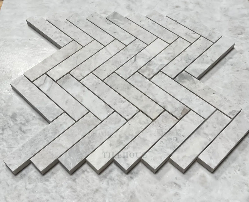 Bianco Gris Dolomite 1X4 Herringbone Leathered Mosaic Marble