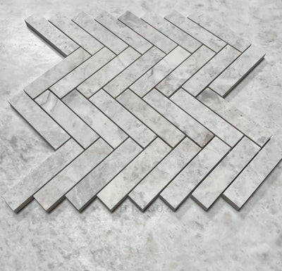 Bianco Gris Dolomite 1X4 Herringbone Leathered Mosaic Marble