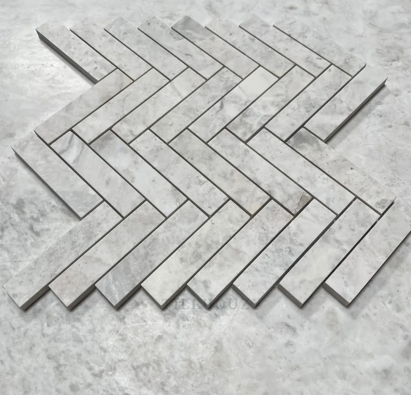 Bianco Gris Dolomite 1X4 Herringbone Leathered Mosaic Marble