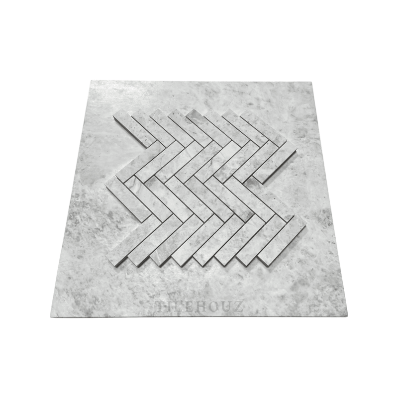 Bianco Grigio Dolomite 1X4 Herringbone Leathered Mosaic