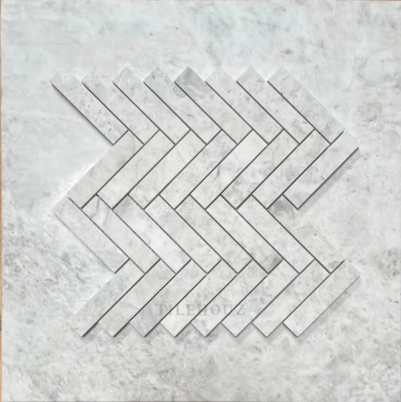 Bianco Gris Dolomite 1X4 Herringbone Leathered Mosaic Marble