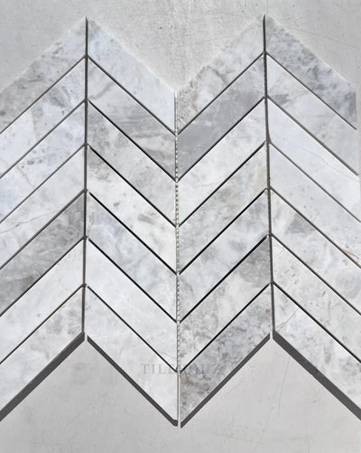 Bianco Gris Dolomite Leathered 1X4 Chevron Mosaic Marble