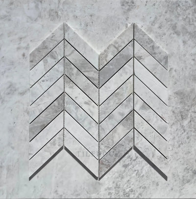 Bianco Gris Dolomite Leathered 1X4 Chevron Mosaic Marble