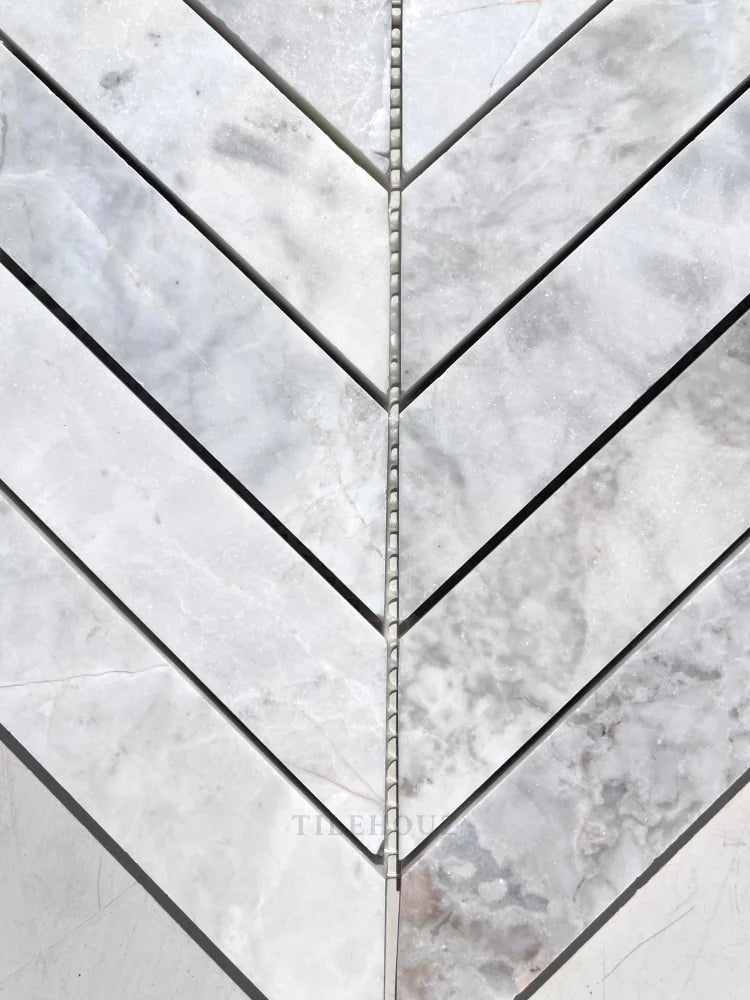 Bianco Gris Dolomite Leathered 1X4 Chevron Mosaic Marble