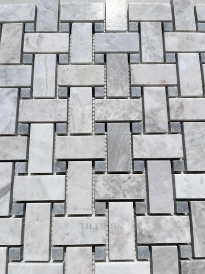 Bianco Gris Dolomite Leathered Basketweave Mosaic W/Blue-Gray Dots Marble