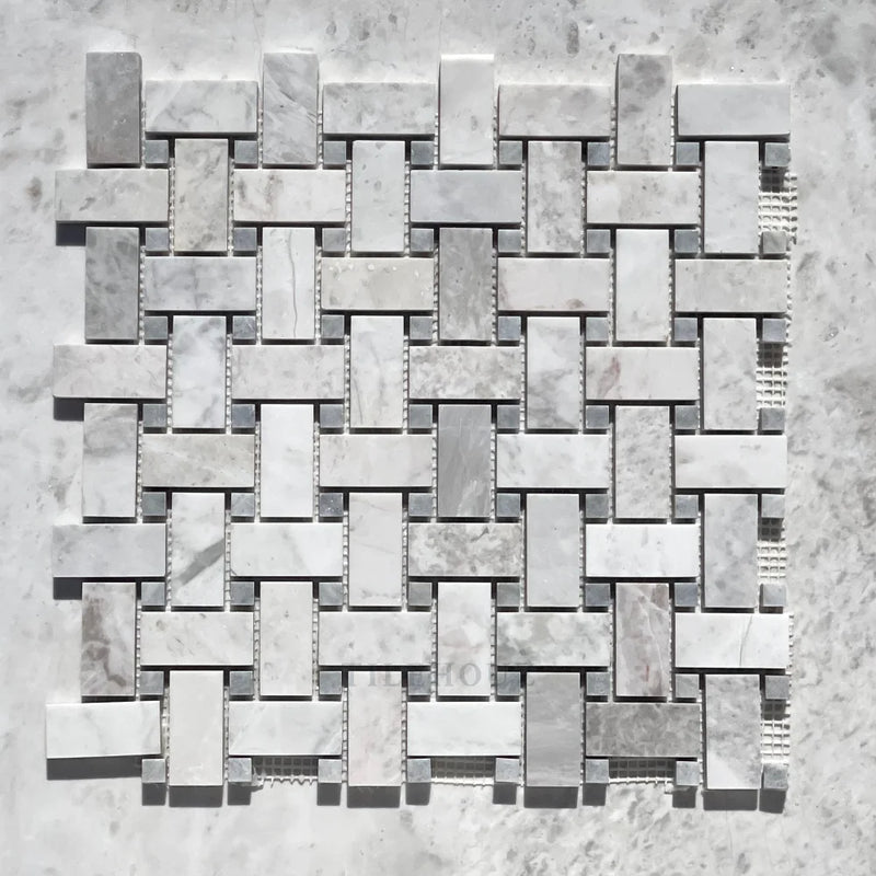 Bianco Gris Dolomite Leathered Basketweave Mosaic W/Blue-Gray Dots Marble