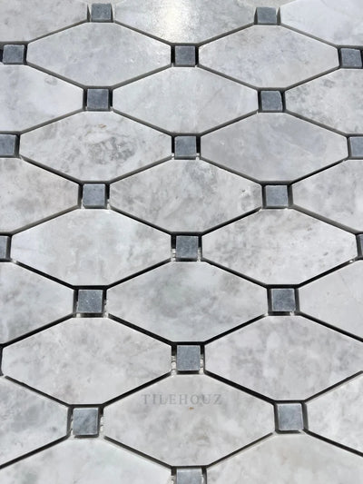 Bianco Gris Dolomite Leathered Octave Mosaic W/Blue-Gray Dots Marble