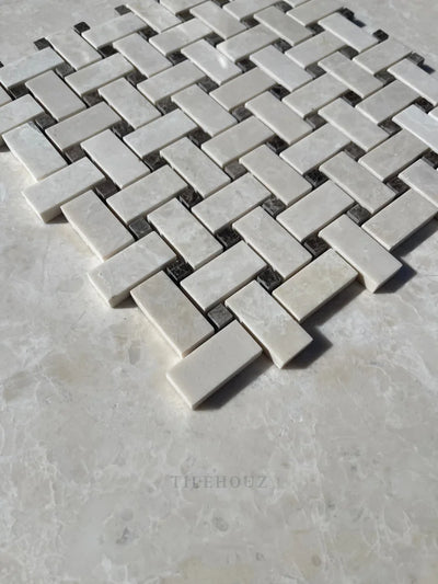 Botticino Beige Marble Basketweave Mosaic W/Emperador Dark Dots Polished