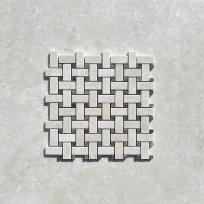 Botticino Beige Marble Basketweave Mosaic W/Emperador Dark Dots Polished