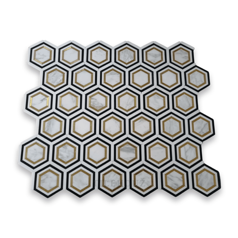 Calacatta Gold 3 Hexagon Combination W/ Brass Nero Marquina & Thassos Marble Polished