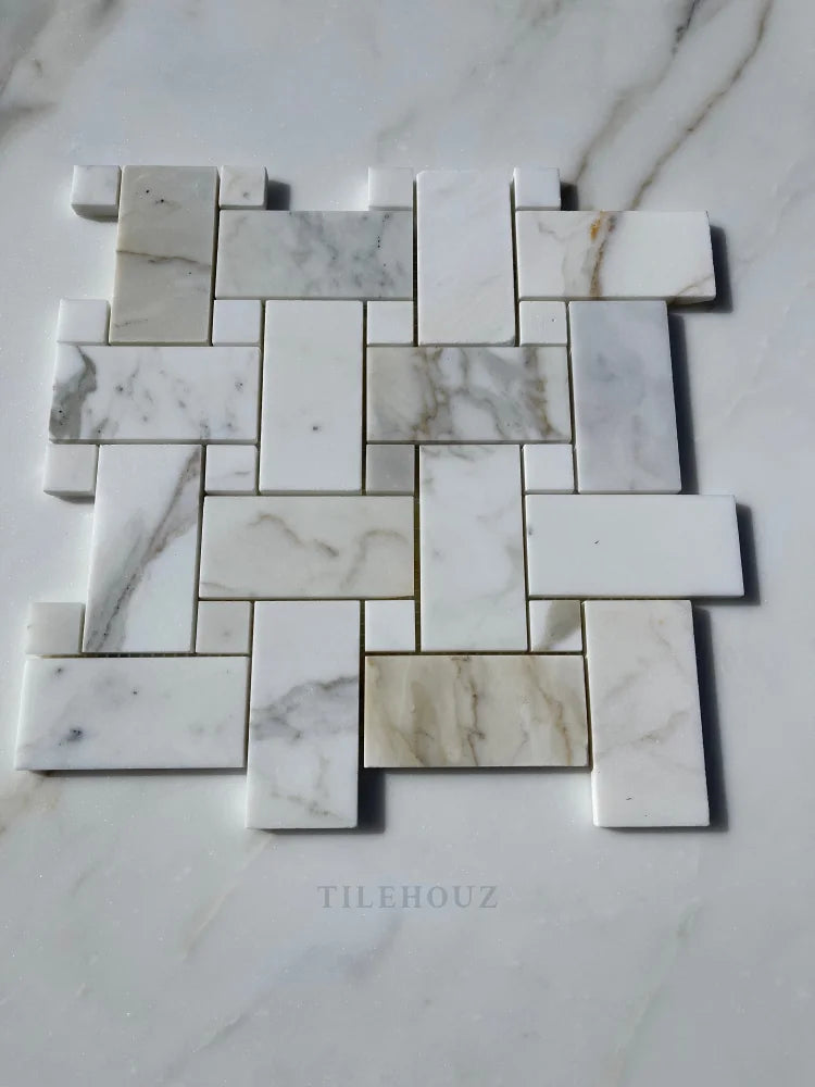 Calacatta Gold Marble Large Basketweave Mosaic W/Calacatta Dots Polished/Honed