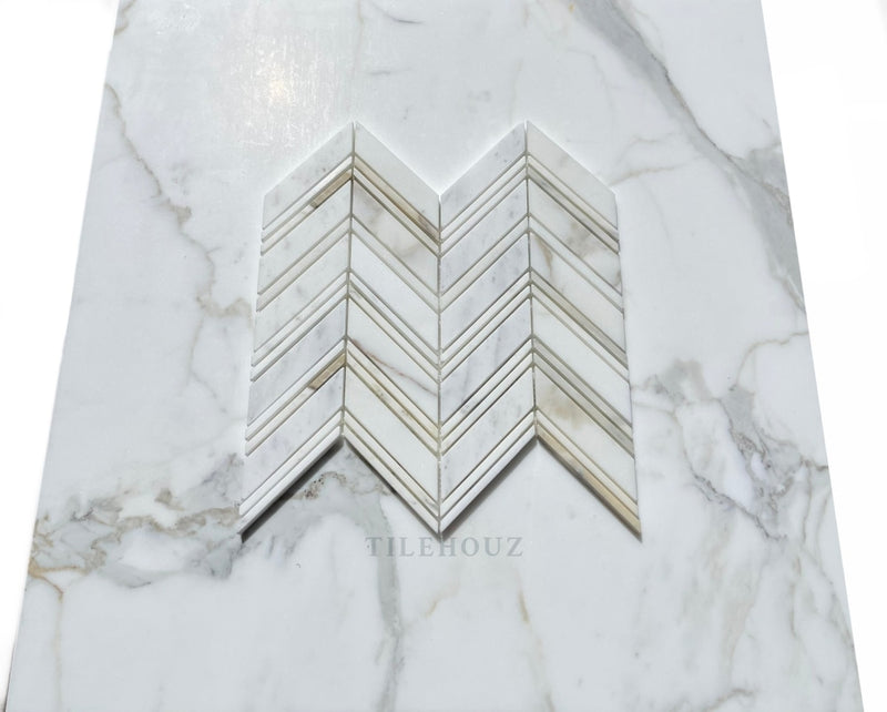 Calacatta Gold Marble Large Chevron Mosaic Tile W/ Strips Polished&Honed