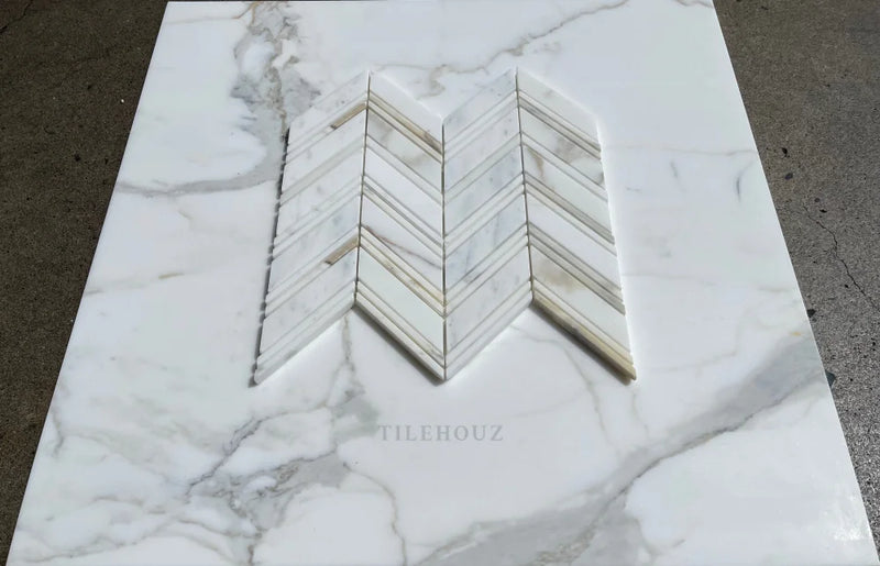 Calacatta Gold Marble Large Chevron Mosaic Tile W/ Strips Polished&Honed