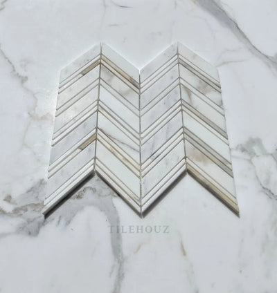 Calacatta Gold Marble Large Chevron Mosaic Tile W/ Strips Polished&Honed