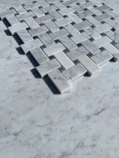 Carrara White Marble Basketweave Mosaic Tile (W/ Bardiglio/Blue-Gray Dots) Polished&Honed