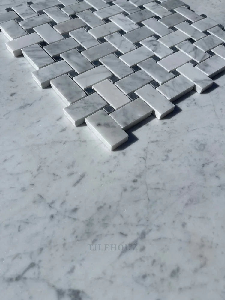 Carrara White Marble Basketweave Mosaic Tile (W/ Bardiglio/Blue-Gray Dots) Polished&Honed