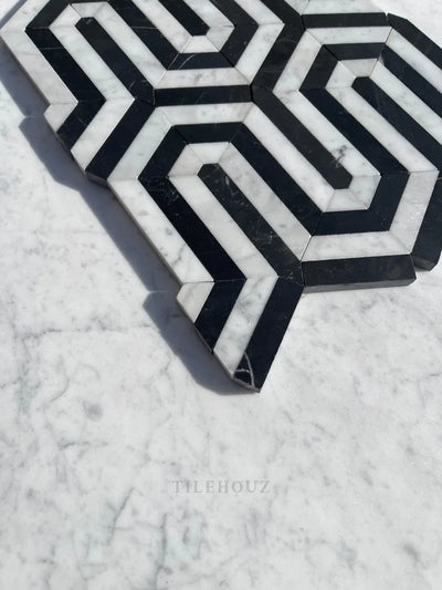 Carrara White Marble Berlinetta Mosaic W/Black Polished&Honed