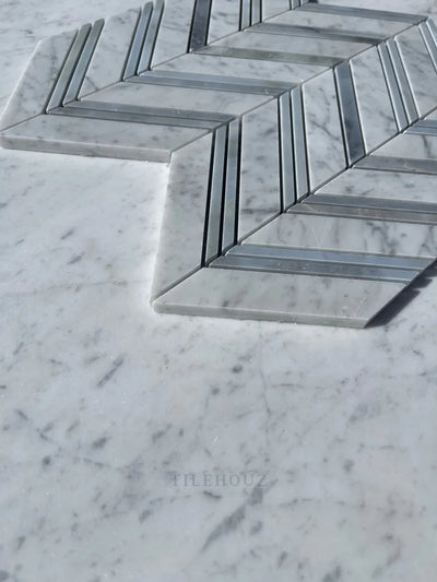 Carrara White Marble Large Chevron Mosaic Tile (Carrara + Bardiglio/Blue-Gray (Thin Strips))