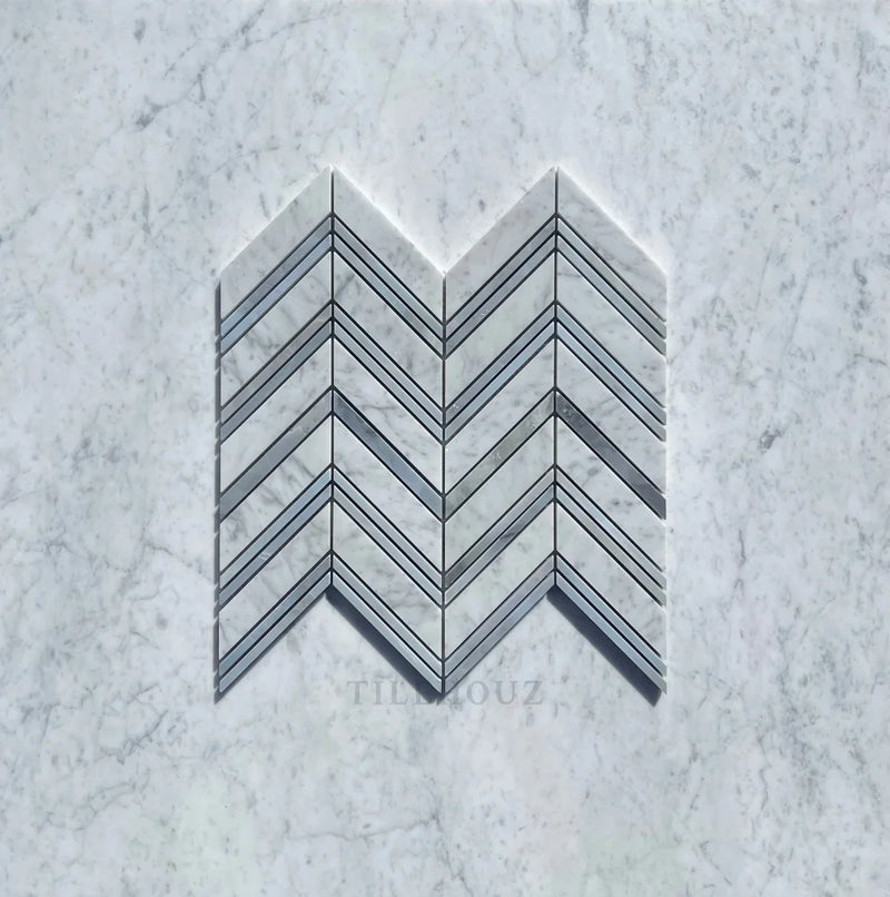 Carrara White Marble Large Chevron Mosaic Tile (Carrara + Bardiglio/Blue-Gray (Thin Strips))