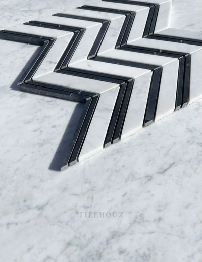 Carrara White Marble Large Chevron Mosaic Tile (Carrara + Black (Thin Strips)) Polished&Honed