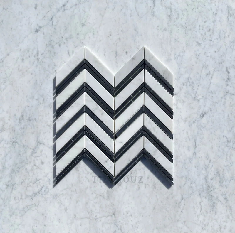 Carrara White Marble Large Chevron Mosaic Tile (Carrara + Black (Thin Strips)) Polished&Honed