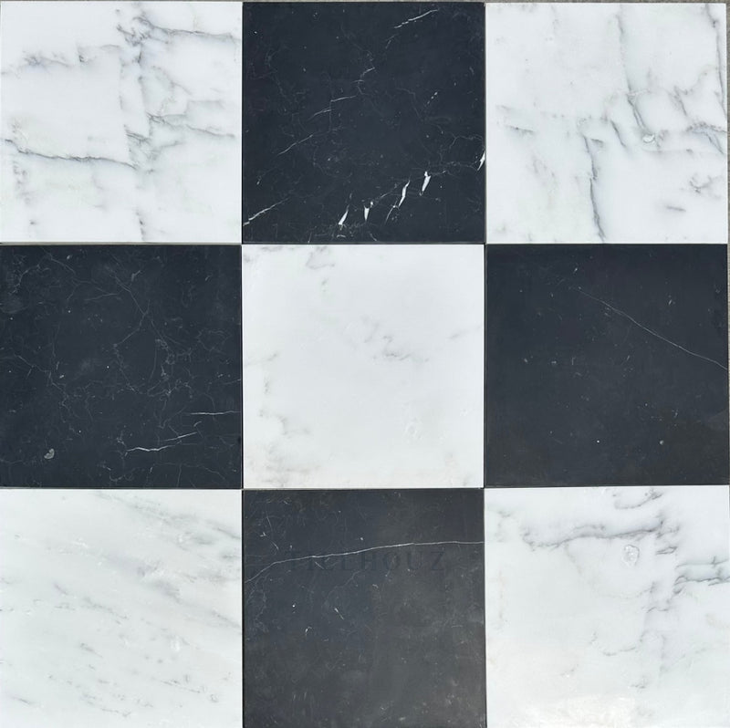 Checkerboard Marble Tile Nero Marquina & Asian Statuary
