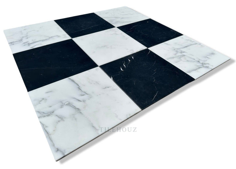Checkerboard Marble Tile Nero Marquina & Asian Statuary