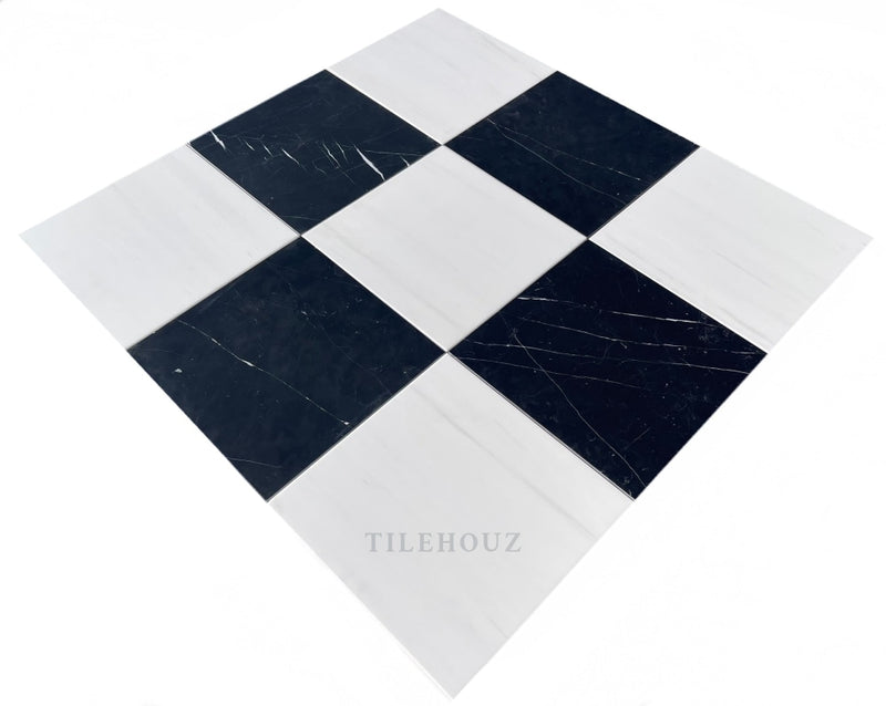 Checkerboard Nero & Dolomite Marble