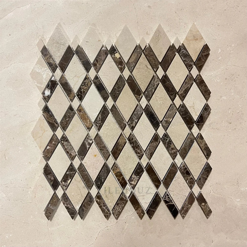 Crema Marfil Marble Lattice Mosaic W/Emperador Dark Border Polished/Honed