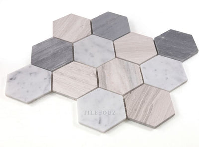 Hexagon Blue Large 4 X (Carrara & Haisa Palissandro Marble) Polished Mosaic