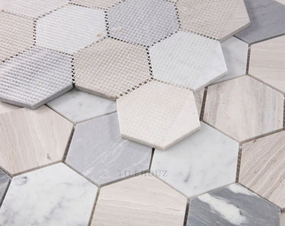 Hexagon Blue Large 4 X (Carrara & Haisa Palissandro Marble) Polished Mosaic