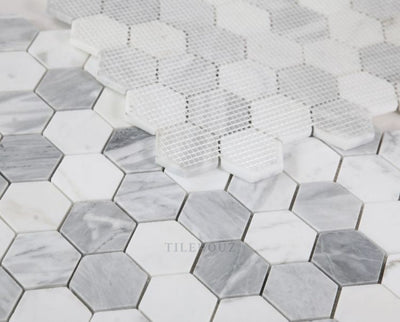 Hexagon Dusk 2 X Carrara & Bardiglio Honed Marble Mosaic