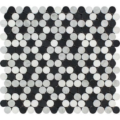 Carrara White Marble Penny Round Mosaic Tile (Carrara + Thassos Black) Polished&honed Tiles