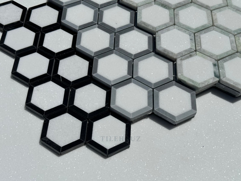 Thassos White Marble 2.5X2.5 Vortex Hexagon Mosaic W/Ming Green Border Polished&Honed