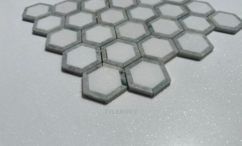 Thassos White Marble 2.5X2.5 Vortex Hexagon Mosaic W/Ming Green Border Polished&Honed